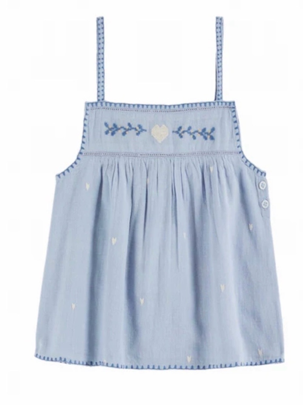 Emile et Ida Light Blue Cotton Sundress with White Heart Embroidery